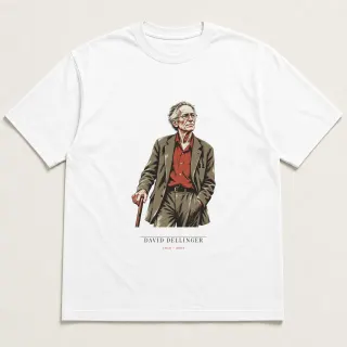 Front of a white tee carrying the wabi sabi David Dellinger design