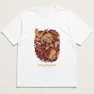Front of a white tee with a two-color engraved design for David Dellinger