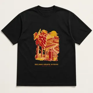 Front of a black tee with a three-color mixed-media design for Delano grape strike