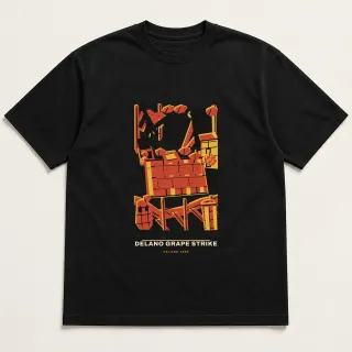 Front of a black tee carrying the civic modern Delano grape strike design
