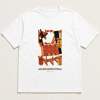 Front of a white tee carrying the civic modern Delano grape strike design
