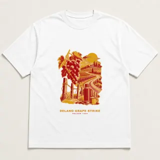 Front of a white tee with a three-color mixed-media design for Delano grape strike