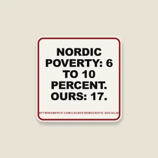 A cream square sticker with a red frame reading "Nordic poverty: 6 to 10 percent. Ours: 17."