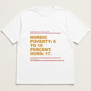 Front of a white tee reading "Nordic poverty: 6 to 10 percent. Ours: 17." with the Democratic socialism page address printed under it