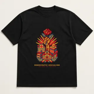 Front of a black tee with a four-color pixel-art design for Democratic socialism