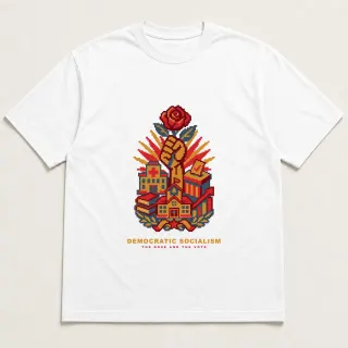 Front of a white tee with a four-color pixel-art design for Democratic socialism