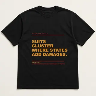 Front of a black tee reading "Suits cluster where states add damages." with the Disability rights page address printed under it