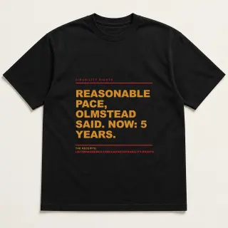 Front of a black tee reading "Reasonable pace, Olmstead said. Now: 5 years." with the Disability rights page address printed under it