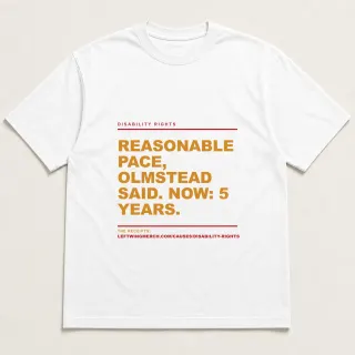 Front of a white tee reading "Reasonable pace, Olmstead said. Now: 5 years." with the Disability rights page address printed under it