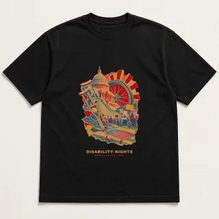 Front of a black tee with a three-color mixed-media design for Disability rights