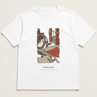 Front of a white tee carrying the unfinished hand Disability rights design