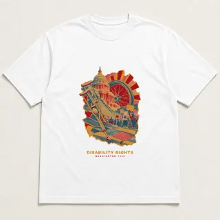Front of a white tee with a three-color mixed-media design for Disability rights