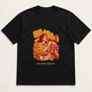 Front of a black tee with a three-color mixed-media design for Dolores Huerta