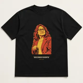 Front of a black tee carrying the civic modern Dolores Huerta design