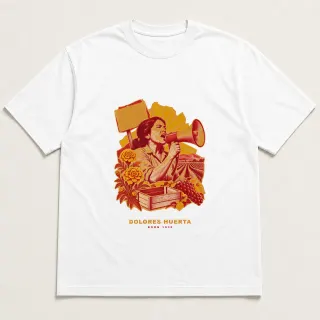 Front of a white tee with a three-color mixed-media design for Dolores Huerta