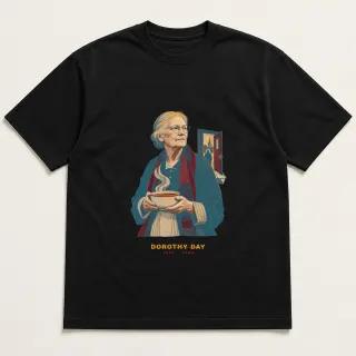 Front of a black tee with a three-color mixed-media design for Dorothy Day