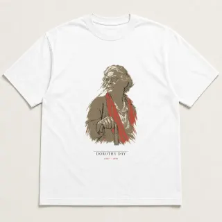 Front of a white tee carrying the wabi sabi Dorothy Day design