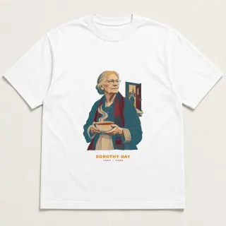 Front of a white tee with a three-color mixed-media design for Dorothy Day