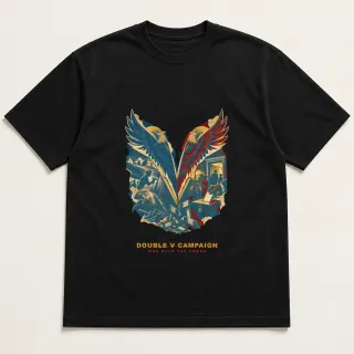 Front of a black tee with a three-color mixed-media design for Double V Campaign