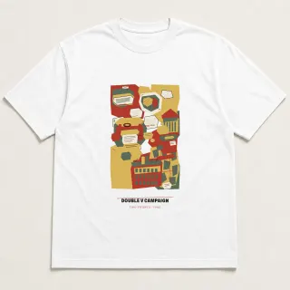 Front of a white tee carrying the scrapbook Double V Campaign design