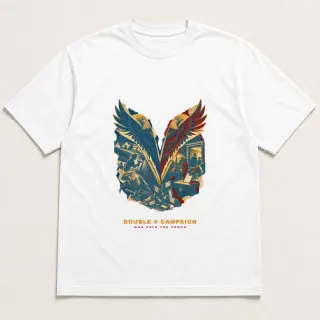 Front of a white tee with a three-color mixed-media design for Double V Campaign