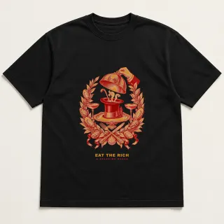 Front of a black tee with a two-color engraved design for Eat the rich