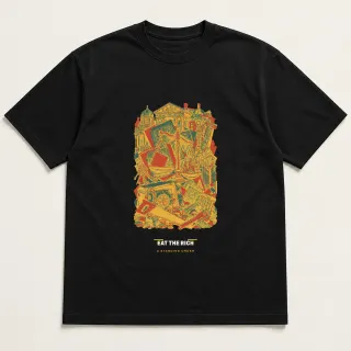 Front of a black tee carrying the cut paper modern Eat the rich design