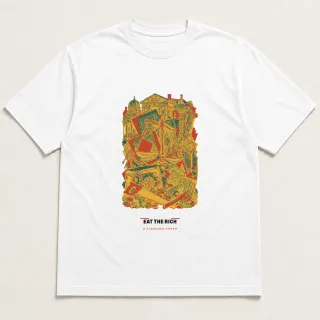 Front of a white tee carrying the cut paper modern Eat the rich design