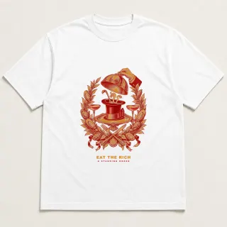 Front of a white tee with a two-color engraved design for Eat the rich