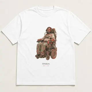 Front of a white tee carrying the unfinished hand Ed Roberts design