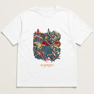 Front of a white tee with a four-color pixel-art design for Ed Roberts