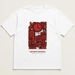 Front of a white tee carrying the utilitarian The Eight-Hour Day design