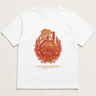 Front of a white tee with a two-color engraved design for The Eight-Hour Day