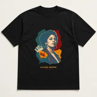 Front of a black tee with a two-color engraved design for Elaine Brown