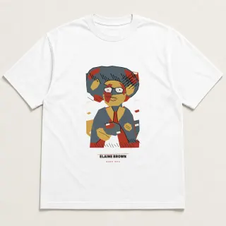 Front of a white tee carrying the archive collage Elaine Brown design