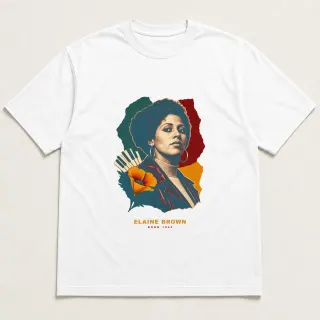 Front of a white tee with a two-color engraved design for Elaine Brown