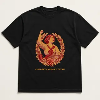 Front of a black tee with a two-color engraved design for Elizabeth Gurley Flynn