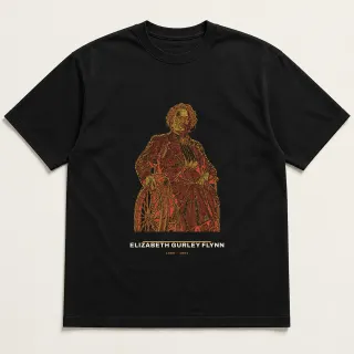Front of a black tee carrying the civic modern Elizabeth Gurley Flynn design
