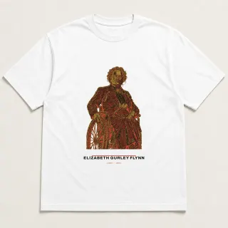Front of a white tee carrying the civic modern Elizabeth Gurley Flynn design