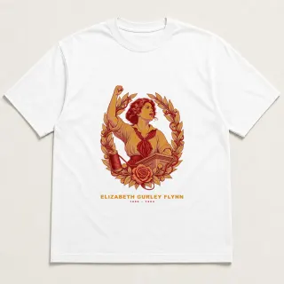 Front of a white tee with a two-color engraved design for Elizabeth Gurley Flynn