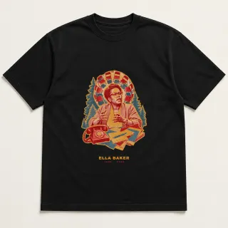 Front of a black tee with a three-color mixed-media design for Ella Baker