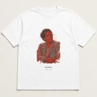 Front of a white tee carrying the conceptual sketch Ella Baker design