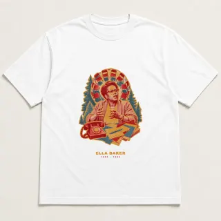Front of a white tee with a three-color mixed-media design for Ella Baker