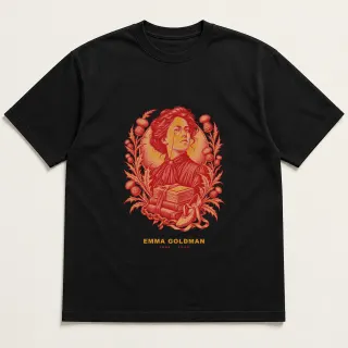 Front of a black tee with a two-color engraved design for Emma Goldman