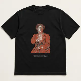 Front of a black tee carrying the neoclassical Emma Goldman design