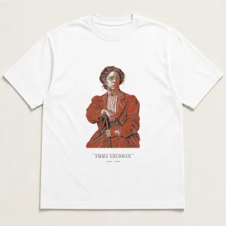 Front of a white tee carrying the neoclassical Emma Goldman design