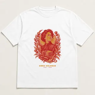 Front of a white tee with a two-color engraved design for Emma Goldman