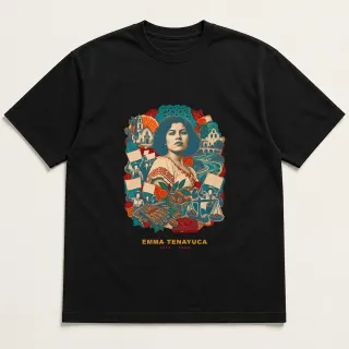 Front of a black tee with a three-color mixed-media design for Emma Tenayuca