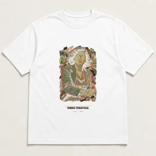 Front of a white tee carrying the scrapbook Emma Tenayuca design