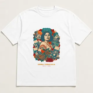 Front of a white tee with a three-color mixed-media design for Emma Tenayuca